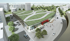 green roof and plaza design shopping center Salzburg Lehen